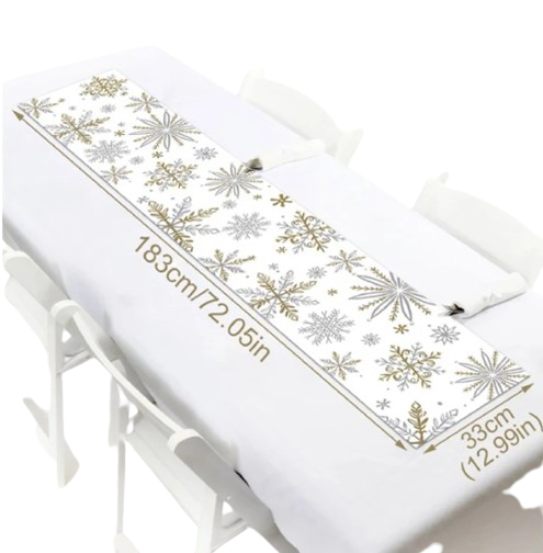 Linen table runner with gold and silver snowflakes