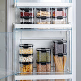 Clear square food storage container with a black locking lid