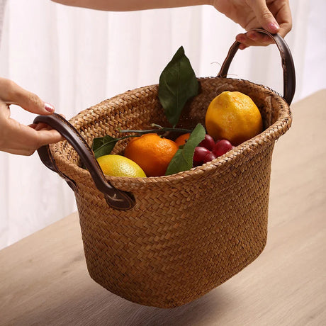 Foldable Seagrass Basket with Leather Handle