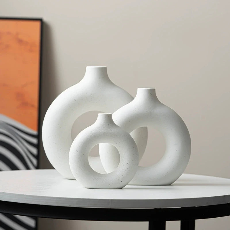 Modern Nordic Circle Ceramic Vase – Minimalist Hollow Sculpture Vessels for Home Decor
