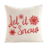 Linen cushion cover with red Let it Snow lettering and snowflakes