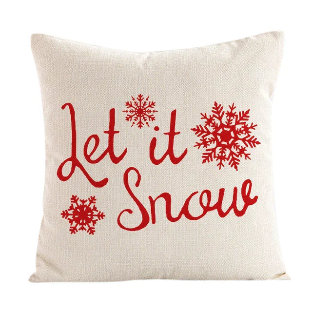 Linen cushion cover with red Let it Snow lettering and snowflakes