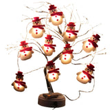 LED string light with snowman figures draped over a small branch tree