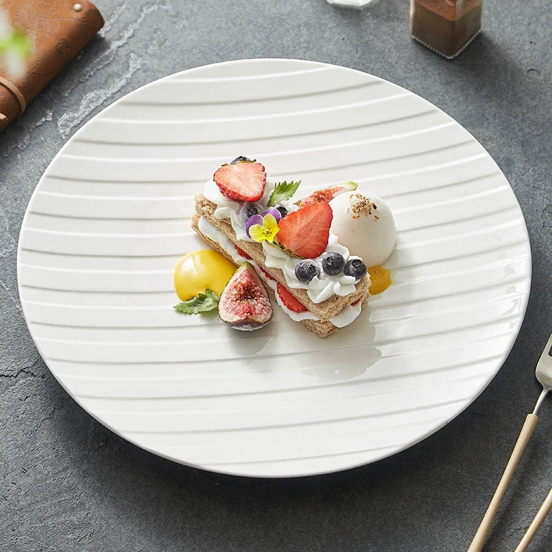 Stripe Relief White Ceramic Plate – Modern Minimalist Porcelain Dinnerware