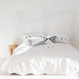 White duvet cover with a line of small black bird silhouettes