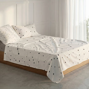 White flat sheet printed with small black stars and constellation lines