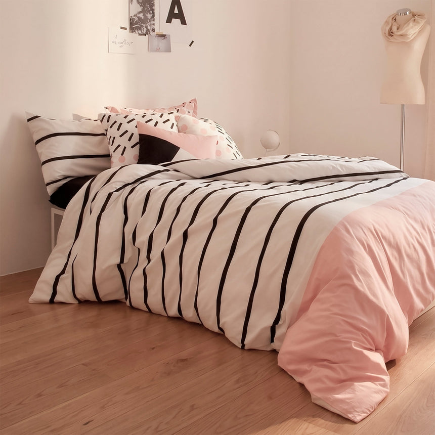 Blush Striped Cotton Pillowcase, White and Black