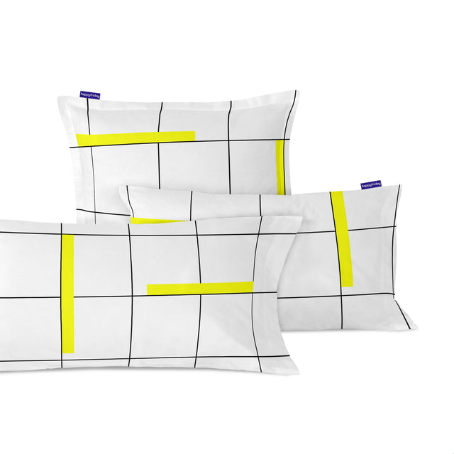 White pillowcase with a thin black grid and yellow bars