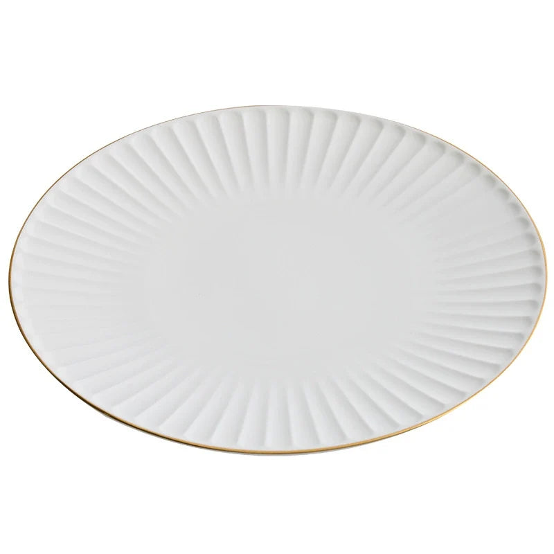 Pleated White Porcelain Plate with Gold Rim