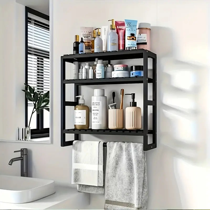Black wall-mounted storage rack with hanging rod