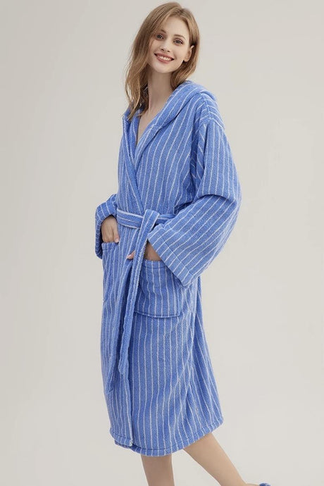 Retro stripe hooded bathrobe in organic cotton, blue