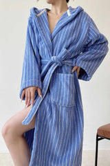 Retro Stripe Hooded Bathrobe, Organic Cotton – Blue