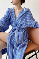Retro Stripe Hooded Bathrobe, Organic Cotton – Blue