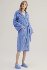 Retro Stripe Hooded Bathrobe, Organic Cotton – Blue