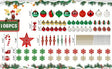Red, green and white Christmas baubles, snowflakes and a red star laid out in rows