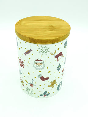 White porcelain jar with a bamboo lid, printed with Christmas motifs