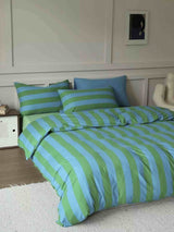 Dopamine Stripe Cotton Queen Size Duvet Cover Set With Pillowcases & Fitted Sheet