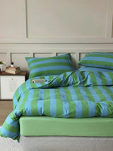 Dopamine Stripe Cotton Queen Size Duvet Cover Set With Pillowcases & Fitted Sheet