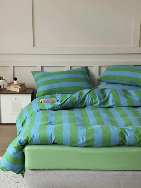 Dopamine Stripe Cotton Queen Size Duvet Cover Set With Pillowcases & Fitted Sheet