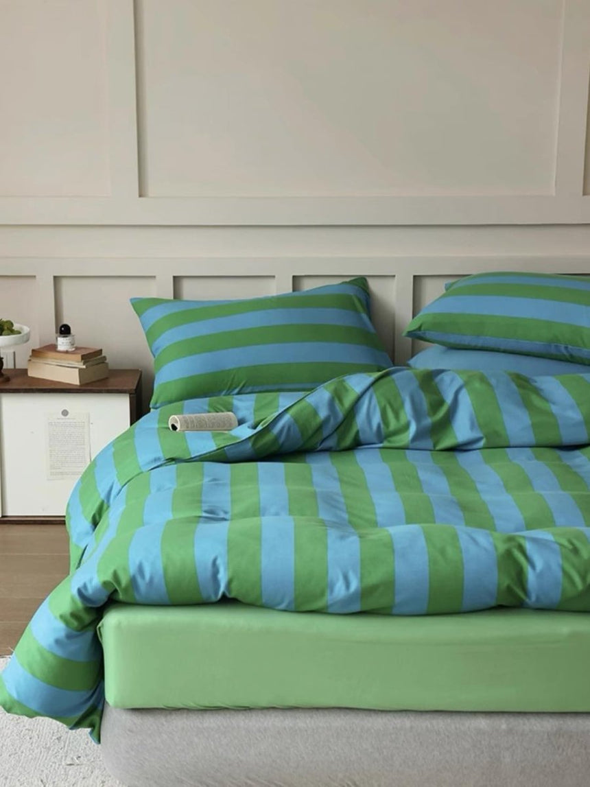 Dopamine Stripe Cotton Queen Size Duvet Cover Set With Pillowcases & Fitted Sheet