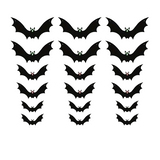 Eighteen black plastic bats in three sizes