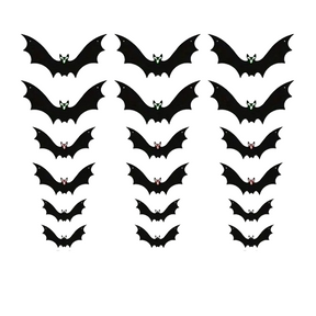 Eighteen black plastic bats in three sizes