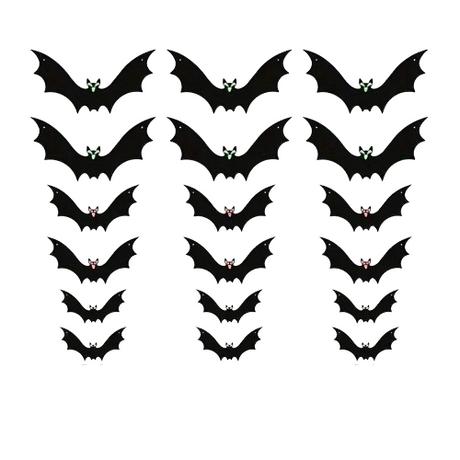 Eighteen black plastic bats in three sizes