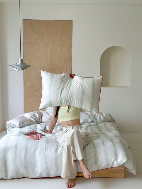 Green Pastel Stripe Lyocell Duvet Cover Set, Queen Size