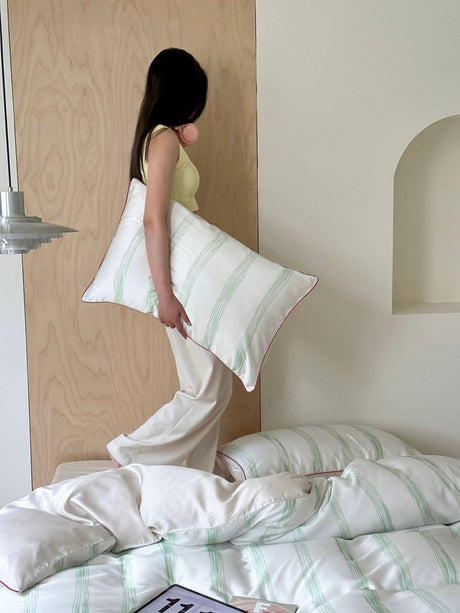 Green Pastel Stripe Lyocell Duvet Cover Set, Queen Size