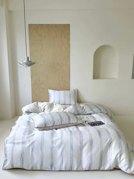 Blue Pastel Stripe Lyocell Duvet Cover Set, Queen Size