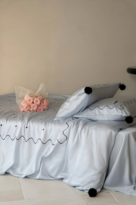 Stone Blue Polka Dot Lyocell Duvet Cover Set, Queen Size