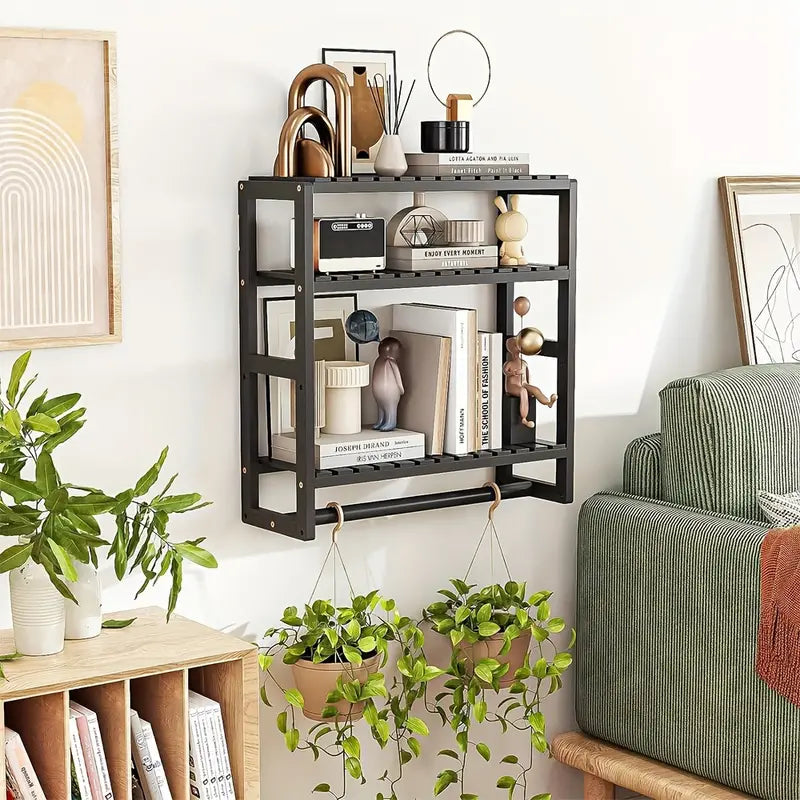 Wall-Mounted Storage Rack with Rod, Black
