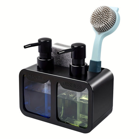 Black caddy with two pump soap dispensers marked Hands and Dishes and a brush