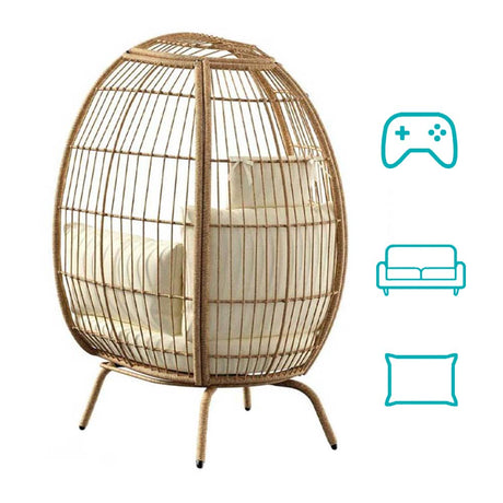 Woven egg chair with cream cushions, outdoor
