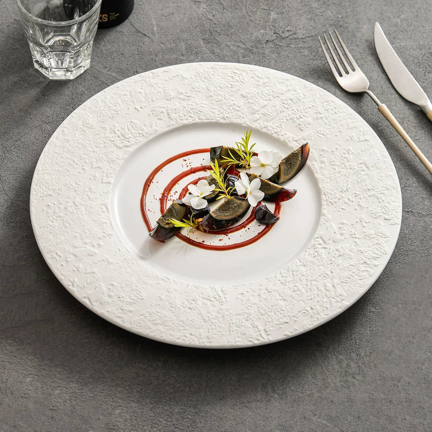 "Phantom Sand" Wide-Rim Ceramic Flat Plate – Minimalist Textured White Dinnerware