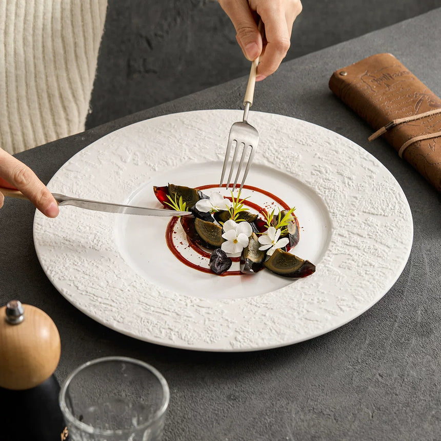 "Phantom Sand" Wide-Rim Ceramic Flat Plate – Minimalist Textured White Dinnerware