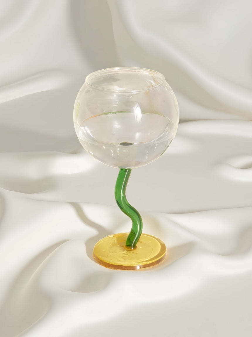 Handblown Bubble Wine Glass - Retro Whimsical Eclectic Wavy Stemmed Goblets