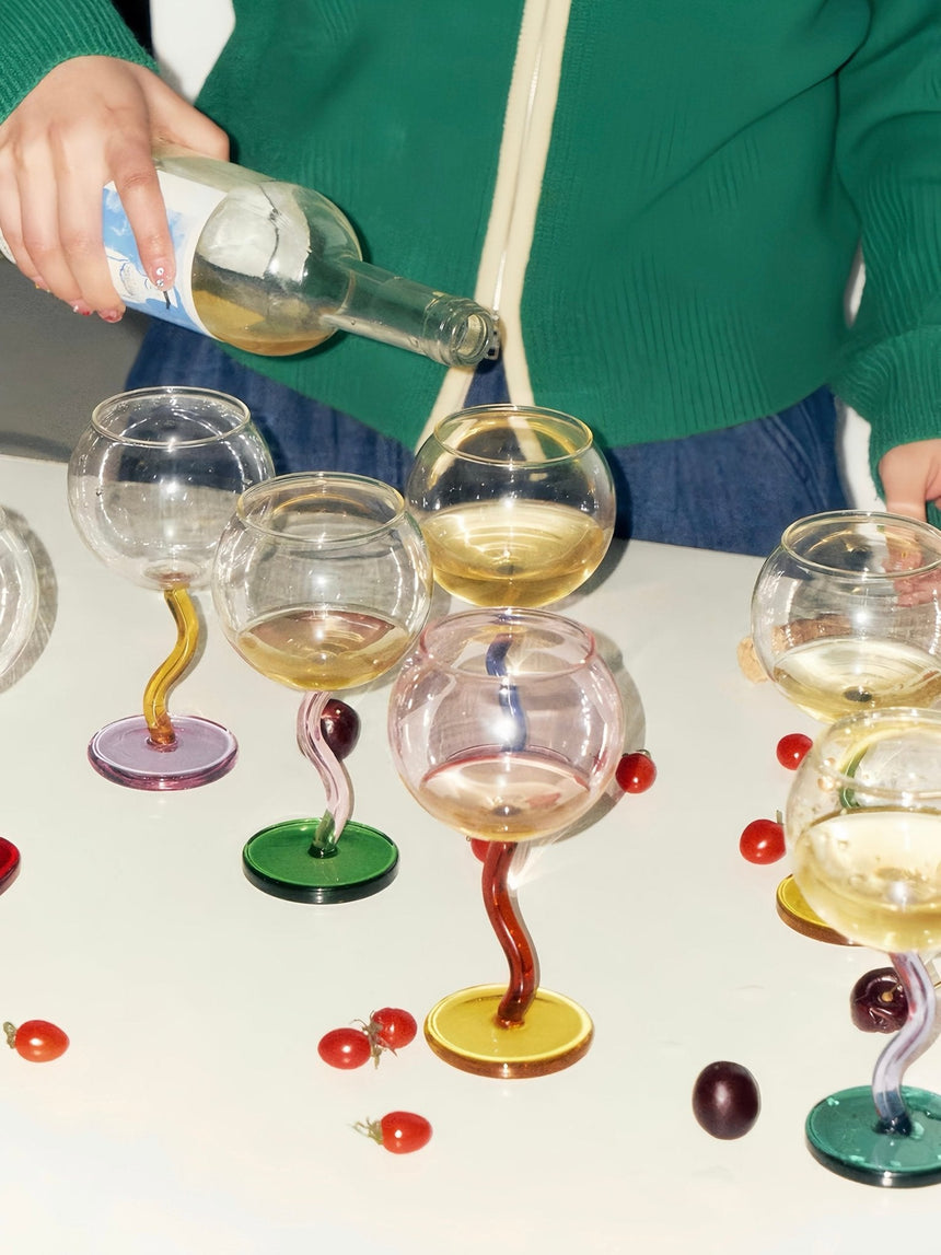 Handblown Bubble Wine Glass - Retro Whimsical Eclectic Wavy Stemmed Goblets