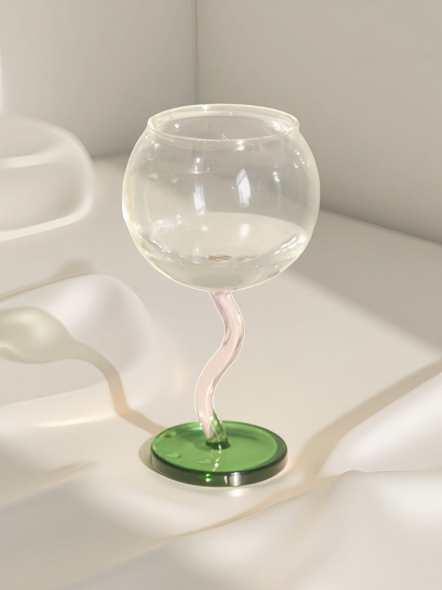 Handblown Bubble Wine Glass - Retro Whimsical Eclectic Wavy Stemmed Goblets