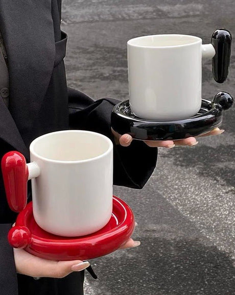 Handmade Ceramic Mug and Saucer, Question or Exclamation Mark