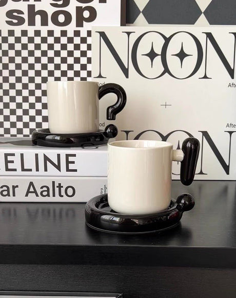 Handmade Ceramic Mug and Saucer, Question or Exclamation Mark