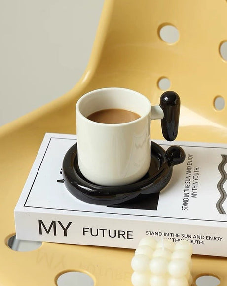 Handmade Ceramic Mug and Saucer, Question or Exclamation Mark