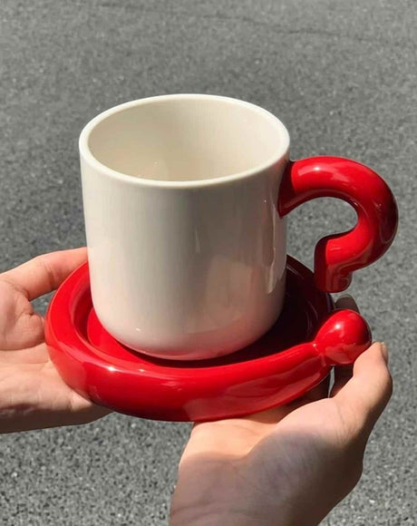 Handmade Ceramic Mug and Saucer, Question or Exclamation Mark