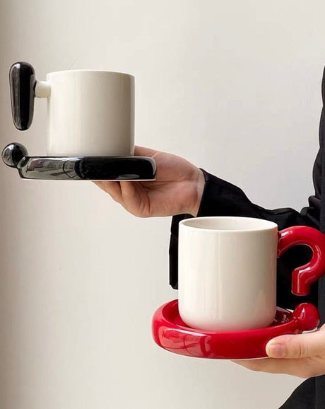Handmade Ceramic Mug and Saucer, Question or Exclamation Mark