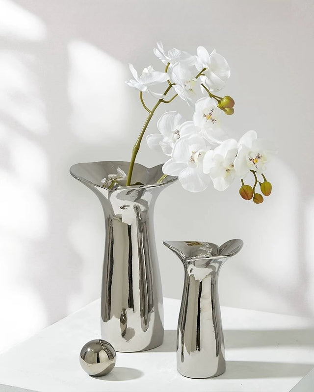 Handcrafted ceramic vase, glossy silver glaze