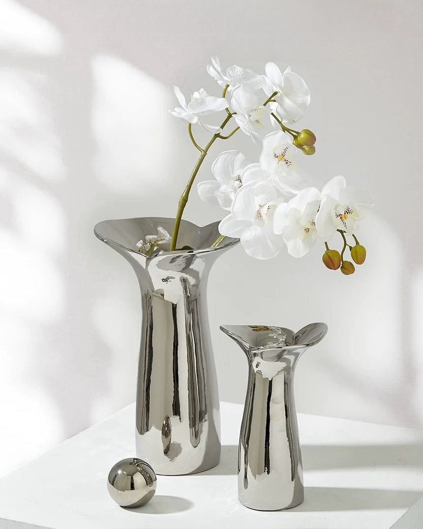Handcrafted ceramic vase, glossy silver glaze