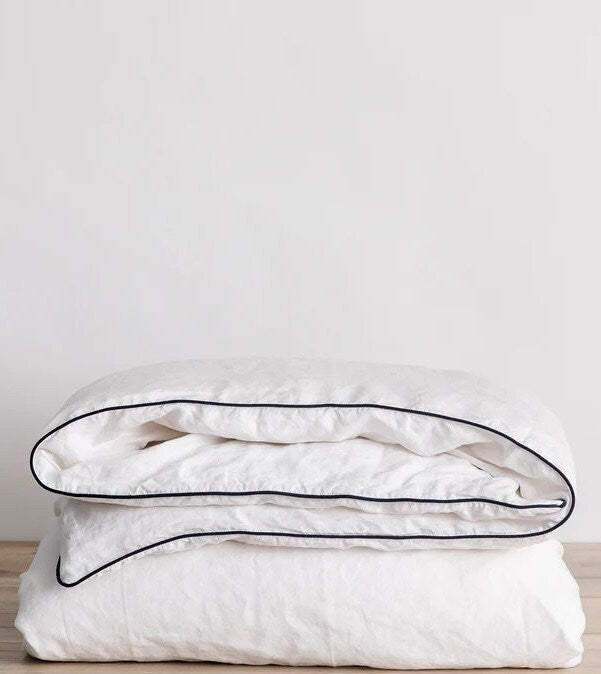 White with Navy Piping  - 100% Pure Linen or Linen Cotton | 3 Piece Piped Duvet Cover Set | Handmade | Pre-washed