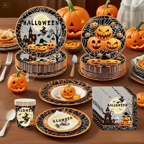 Halloween paper plates, cups and napkins with pumpkins and a haunted house
