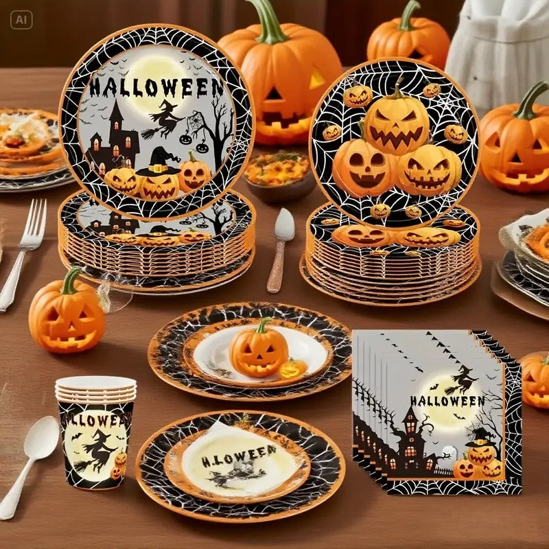 Halloween paper plates, cups and napkins with pumpkins and a haunted house