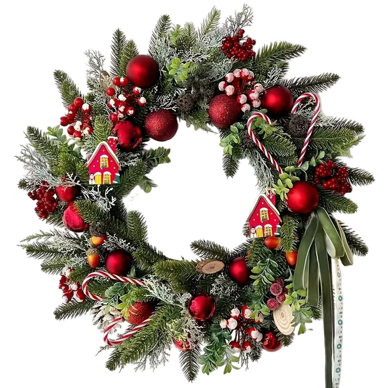 Green Christmas wreath with candy canes, red baubles and berries